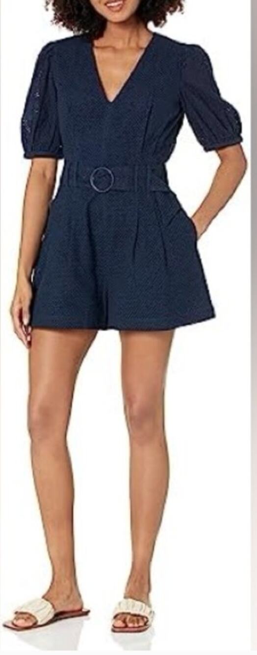 Club Monaco Navy Blue Eyelet Puff Sleeve Belted Romper 4 S Small